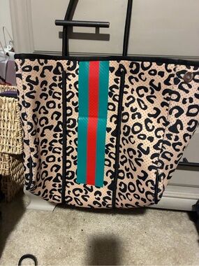 Leopard Print Tote Bag with Teal and Red Stripe